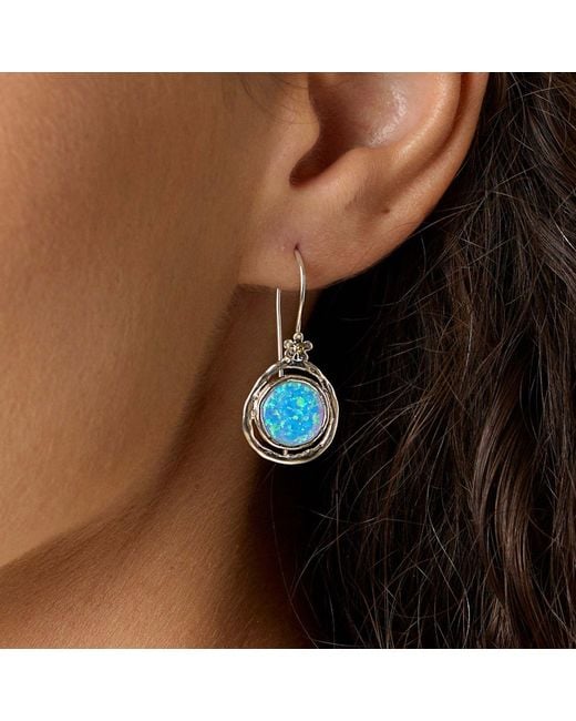 Isla Silver Blue Handmade Fire Opal Hook Earrings With Flower Detail