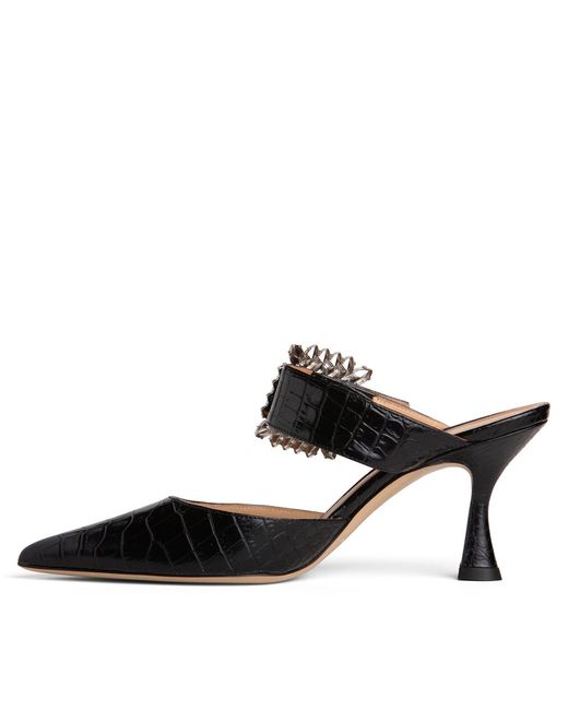 Beautiisoles by Robyn Shreiber Made in Italy Black Georgina Croc Leather Mule Sexy & Dressy Comfortable For Valentine Evening & Party With Rhinestones