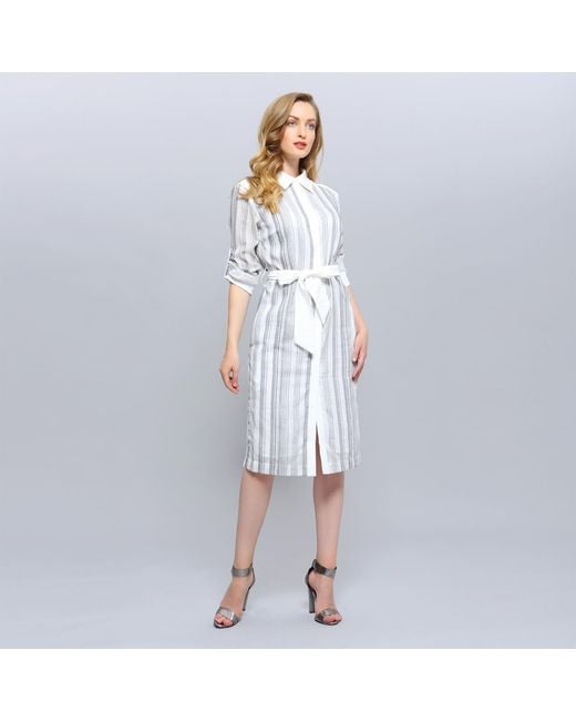 Smart and Joy White Bi-Material Striped Shirt Dress