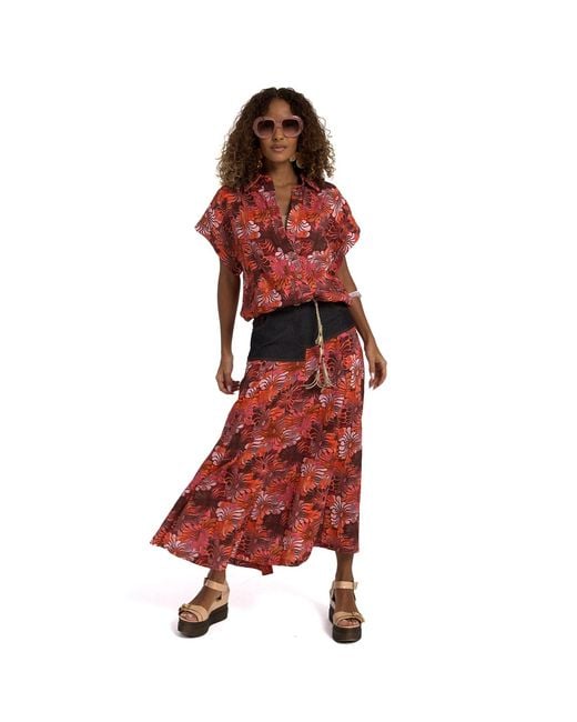 Lalipop Design Red All-Over Floral Print Skirt With Asymmetric Denim Cut