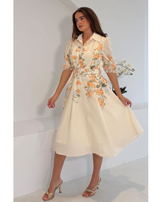 Girl In Mind Natural Renata Floral Boarder Print Print Midi Dress Cream