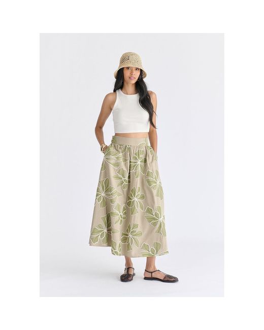 Paisie Natural Floral Embroidered Midi Skirt