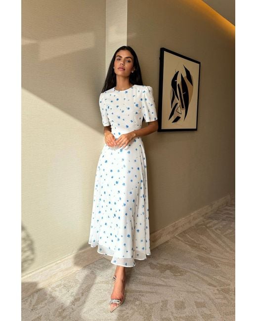 POST MERIDIEM White Printed Short Sleeve Floral Midi Dress