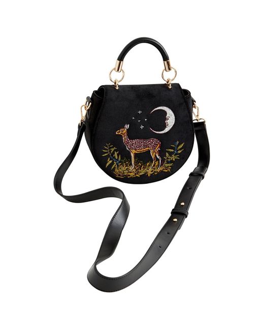 Fable England Black Fable Deer & Moon Embroidered Saddle Bag Velvet