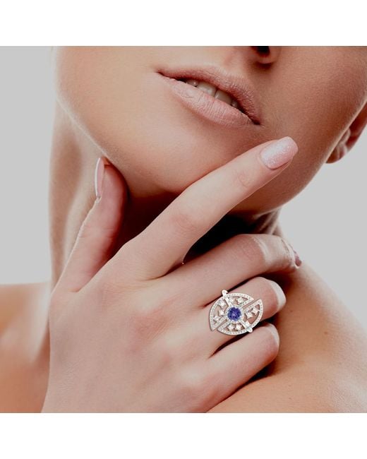 Artisan Multicolor 18k White Gold Diamond Tanzanite Cocktail Ring Handmade Jewelry