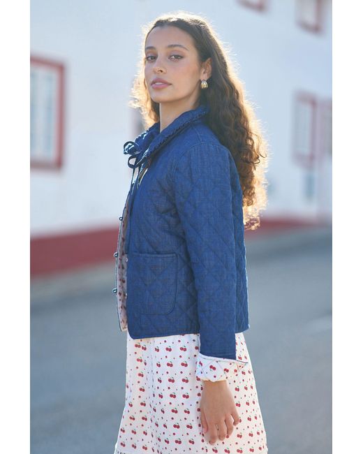 Yumi' Blue Chambray Quilted Jacket With Cherry Lining