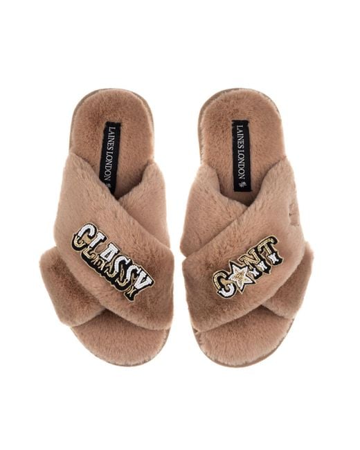Laines London Brown Neutrals Classic Laines Slippers With Classy Cunt Brooches