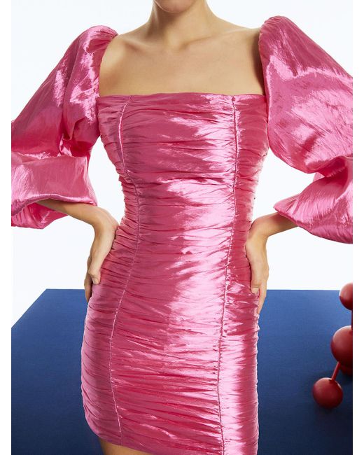 Nocturne Pink Balloon Sleeve Draped Mini Dress- Fuchsia
