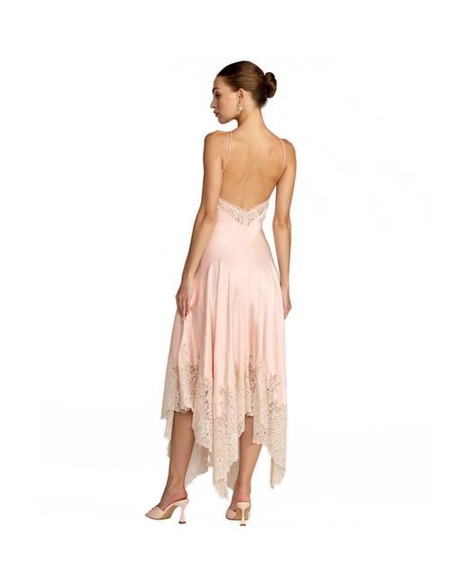 Mac Duggal Pink Lace Trim Handkerchief Midi Dress