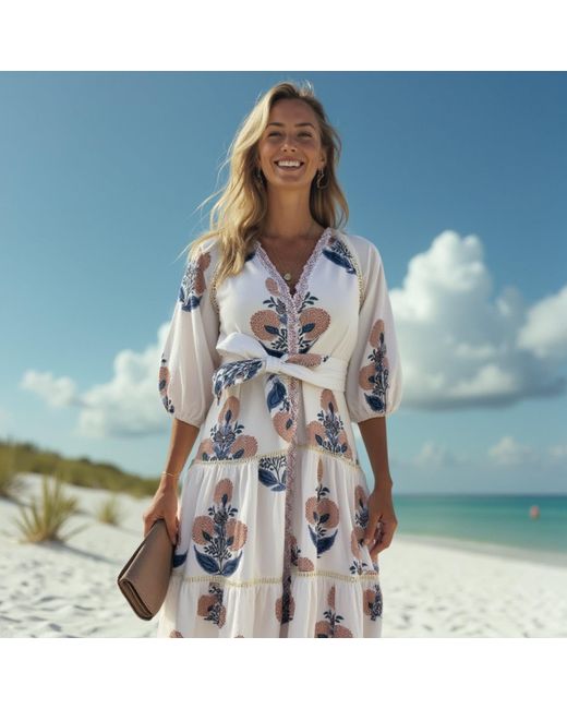 Pick Happy Blue Botanica Maxi Cotton Dress Floral Mocha