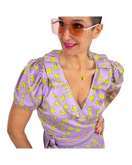 Lalipop Design Pink Lilac Floral Print Double-breasted Puff Sleeve Satin Blouse