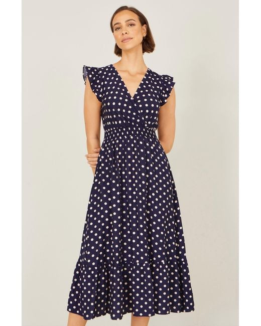 Yumi' Blue Spot Ruched Waist Midi Dress