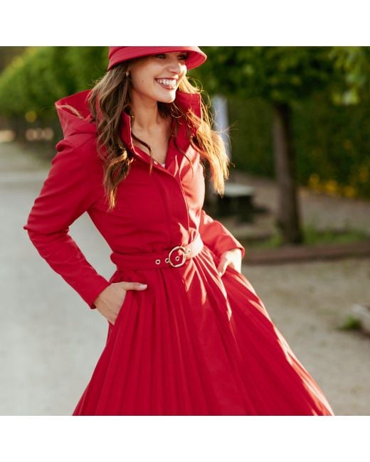 RainSisters Red Fit & Flare A-Line Coat With Pleated Skirt: Scarlet Waltz