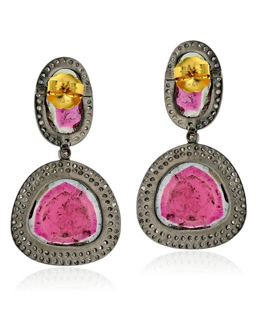 Artisan Pink 18k Yellow Gold 925 Silver With Melon Tourmaline & Pave Diamond Designer Dangle Earrings