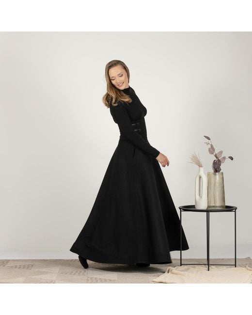 Nikka Place Black Wool Floor Length Skirt With Hight Waist & Front Buttons