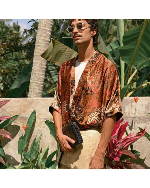 ORIGIN OF HEARTS Brown Tarua Floral Print Resort Satin Kimono Shirt for men