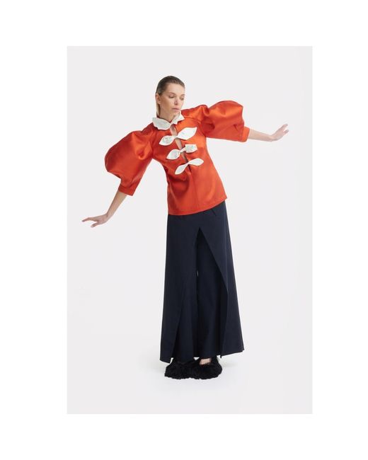 Julia Allert Orange Taffeta Deep V-Neck Blouse With Satin Floral Detail – Terracotta