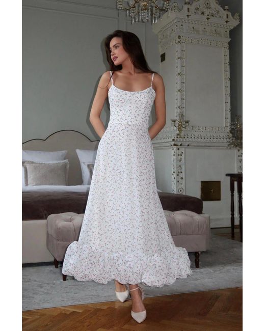 POST MERIDIEM White Floral Flounce Bustier Midi Dress