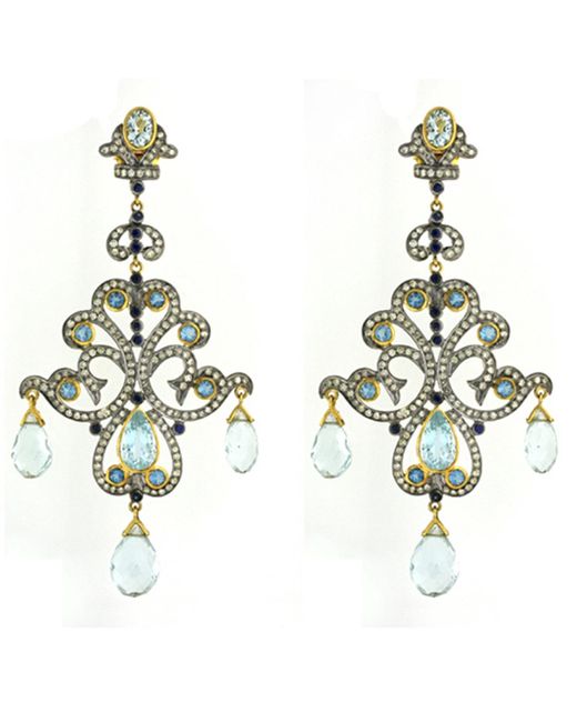 Artisan Metallic Aquamarine & Blue Sapphire Pave Diamond In 14k Gold 925 Silver Chandelier Earrings