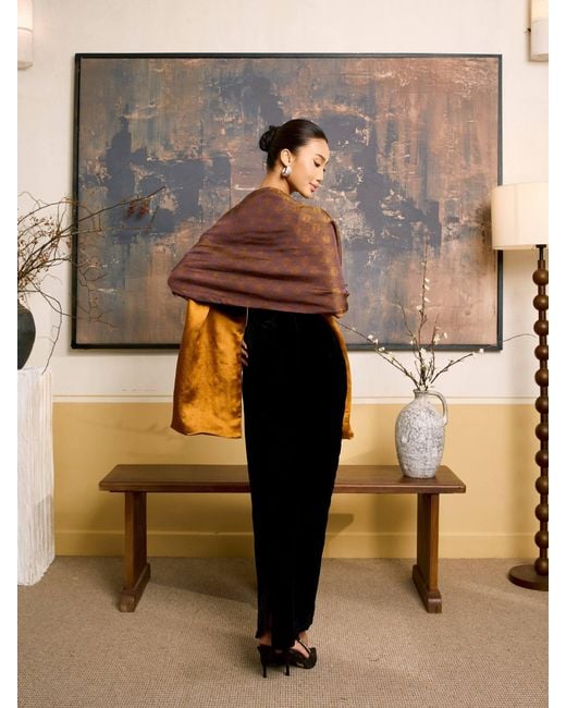 Silk and Bears Brown Amber & Reversible Jacquard Silk Evening Shawl — Soirée Collection