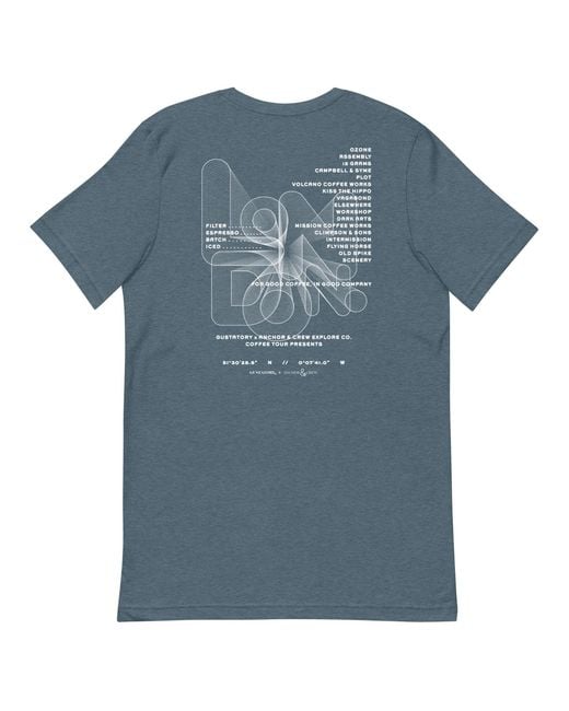 Anchor and Crew Blue Heather Gustatory London Coffee Scene Organic Cotton Embroidered T-Shirt