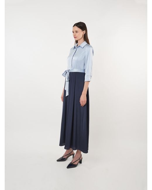 John Abgin Blue Satin Contrast Pearl Detail Maxi Shirt Dress