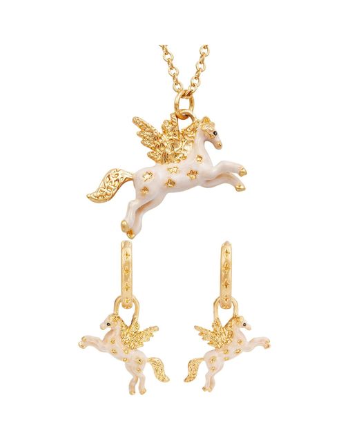 Fable England Metallic Pegasus Necklace & Huggie Earrings Set