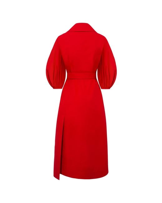 Femponiq Red Wide Lapel Asymmetric Belted Midi Cotton Dress