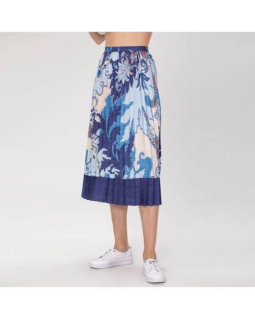 Smart and Joy Blue Pleated Midi Skirt With Print