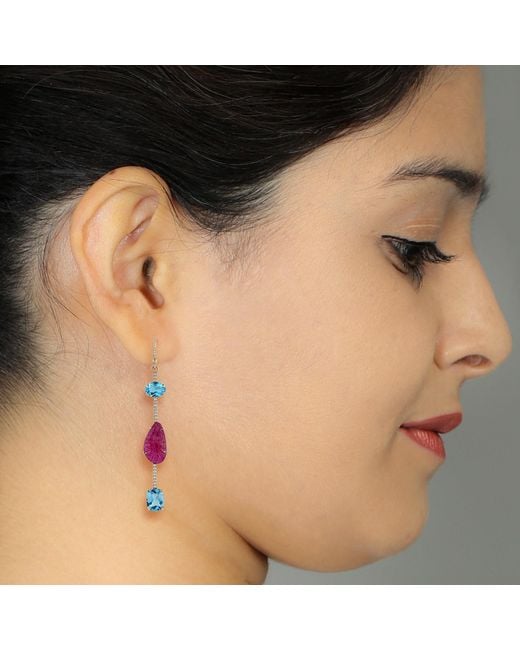 Artisan Pink Carved Ruby, Topaz & Iolite Diamond Drop Earrings