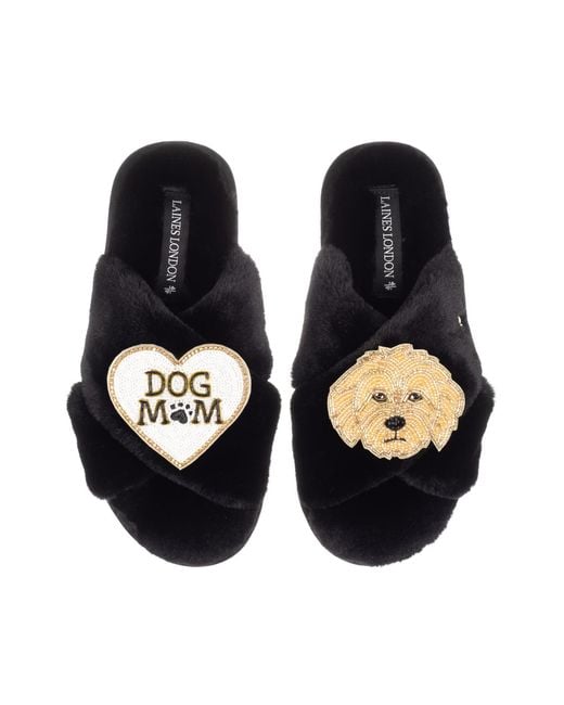 Laines London Blue Classic Laines Slippers With Dog Mum Mom & Golden Cockapoo Brooches