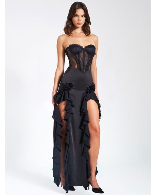 Miss Circle New York Black Talia Satin Lace Corset Maxi Dress