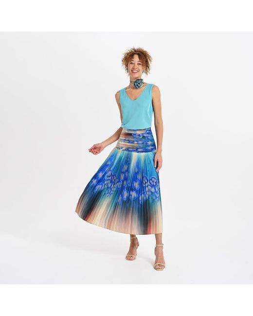 Lalipop Design Blue Abstract Floral Pleated Midi Skirt