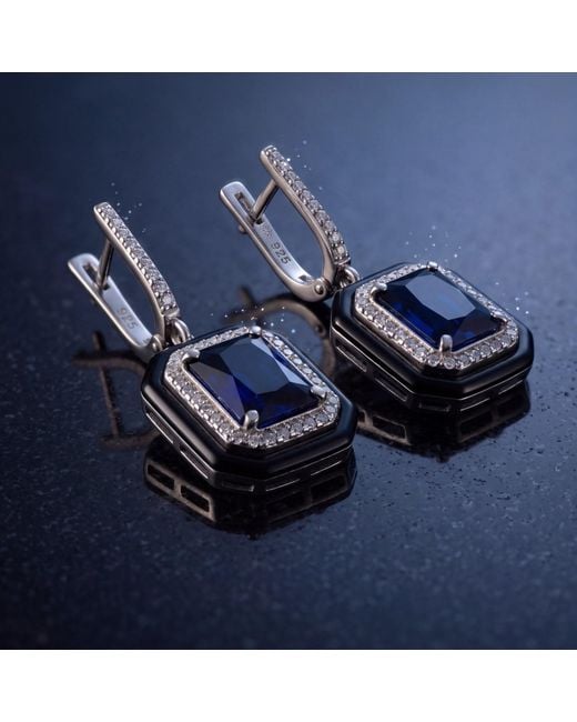 Latelita London Blue Art Deco Sapphire & Enamel Drop Earrings