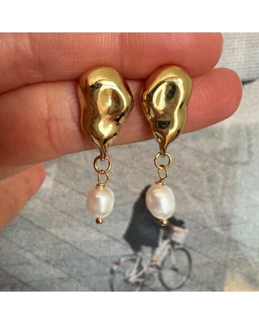 My Little Nature Metallic Plated Irregular Shape Earrings With Freshwater Pearls – Dangle Drop Statement Jewellery For Her