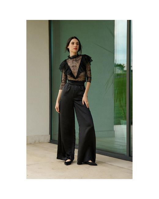 AVENUE No.29 Gray Sheer Floral Lace Ruffle Blouse