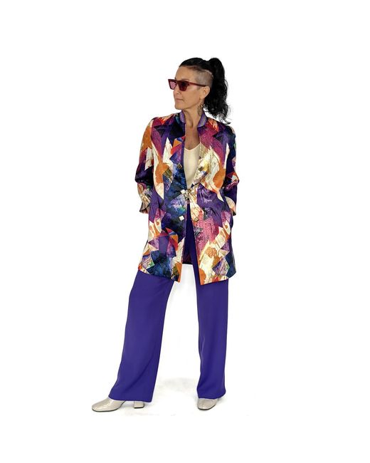 Lalipop Design Blue Abstract Print Jacquard Long Coat Jacket