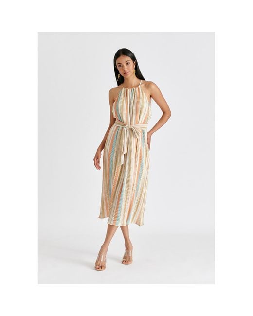 Paisie Natural Halter Neck Plisse Dress With Belt