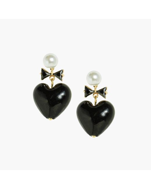 I'MMANY LONDON Black Whisper Of Heart Glass Heart Drop Earrings With Pearl Studs And Crystal Bow, Opaque