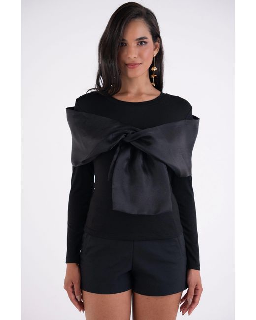 Amy Lynn Black Helena Long Sleeve Top With Organza Bow Detail