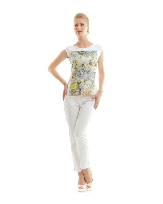 Conquista White Floral Print Boat Neck Top