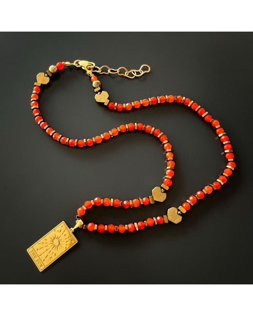 Ebru Jewelry Metallic Tarot Card Gold Sun Pendant Red Beaded Necklace