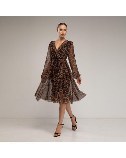 Tantra Spain Sl Brown Animal Print Tulle Dress With V-Neck