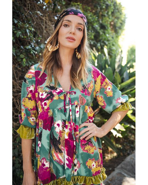 Jennafer Grace Blue Fuchsia Fae Velvet Ruffle Maxi Dress