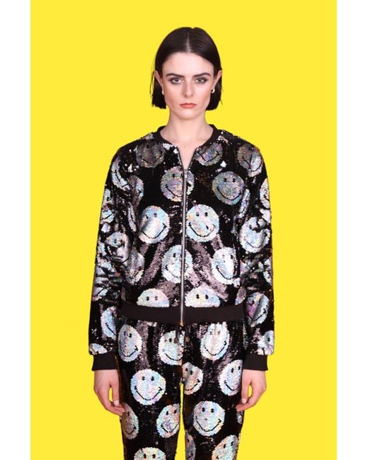 Any Old Iron Black Iridescent Smiley Reversible Sequin Bomber Jacket