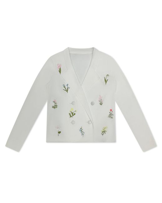 Roch Perel White Flower Embroidered Knit Blazer
