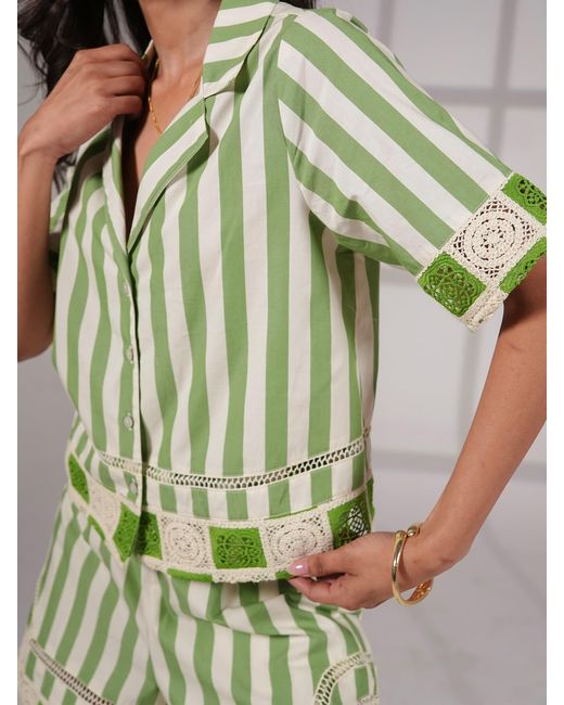 Rose & Nancy Green Helena Stripe Crochet Trim Cotton Resort Shirt