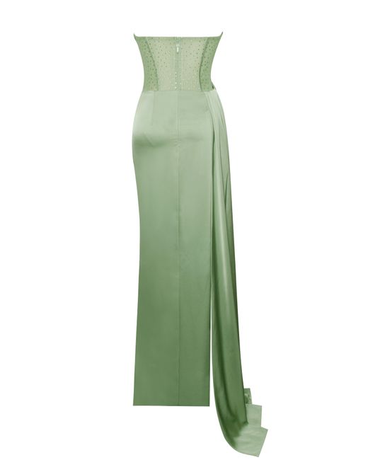 Miss Circle New York Green Holly Basil Crystallized Corset High Slit Satin Gown