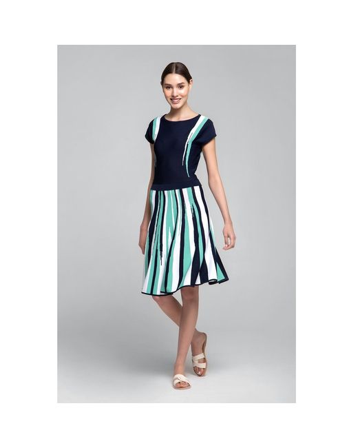 Rumour London Blue Iris Striped Knitted Fit And Flare Dress In Navy And Turquoise