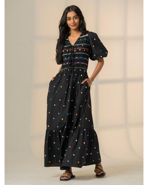 Rose & Nancy Black Eddie Multi Embroidered Smocked Maxi Dress